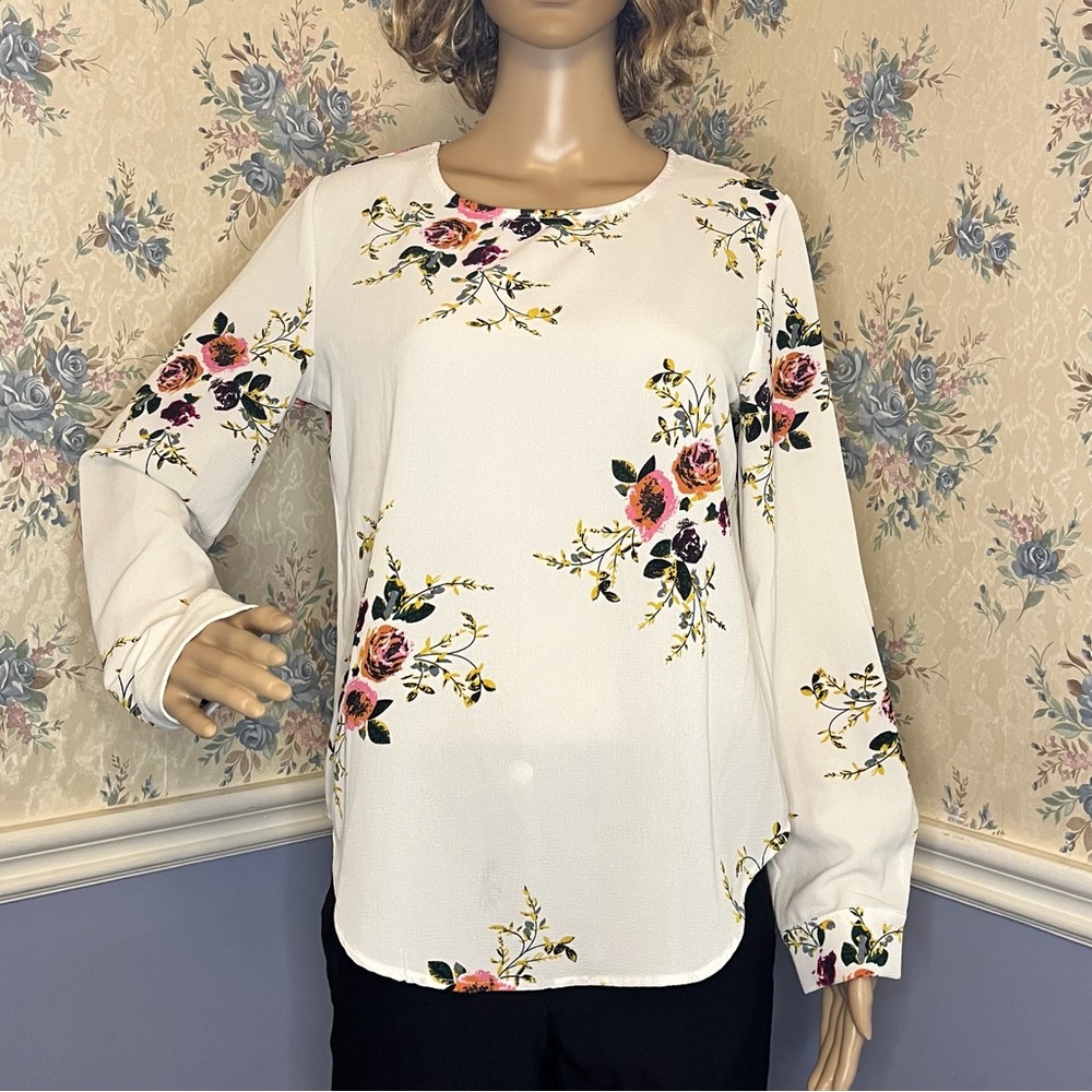 Long Sleeve White Floral Blouse, Size M